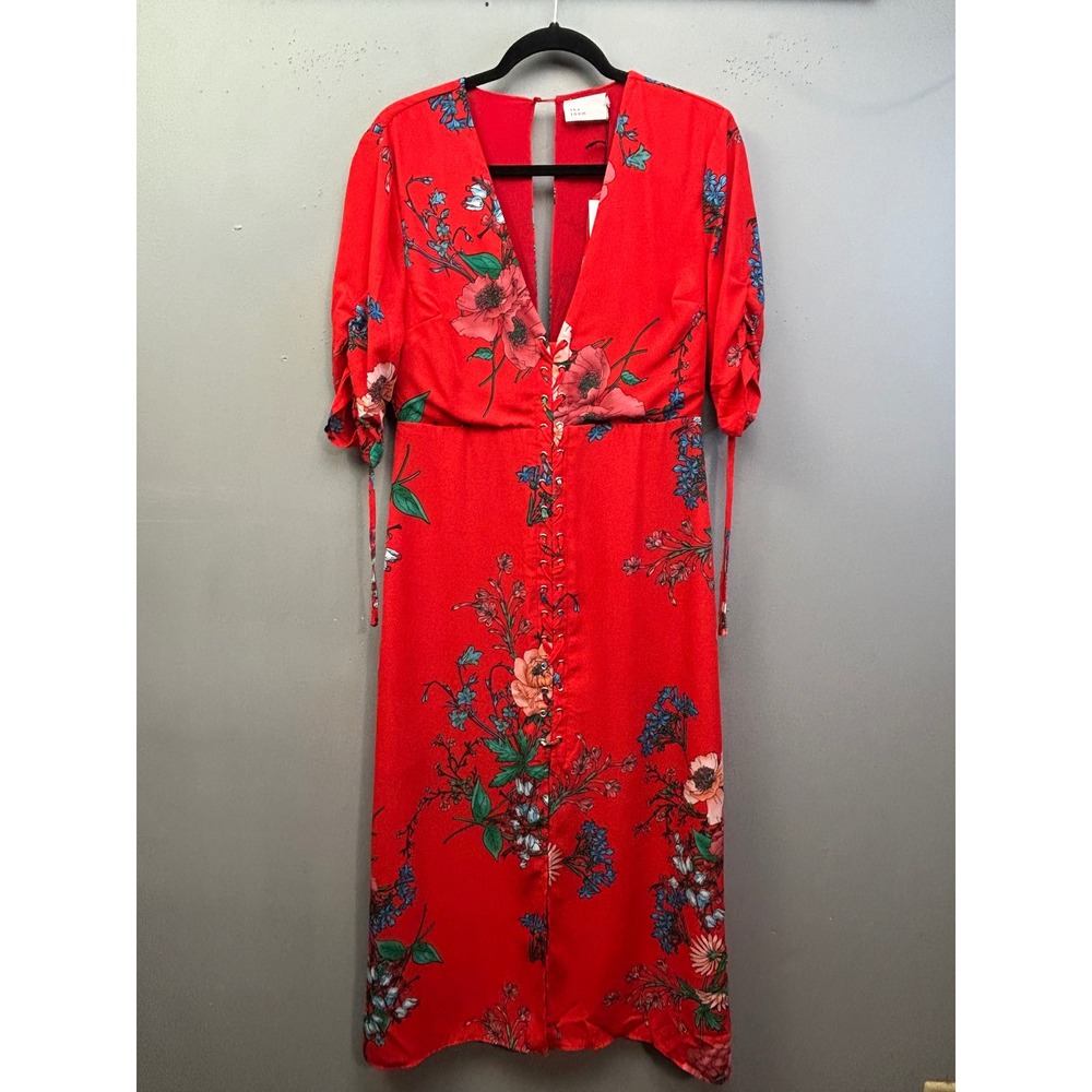 The Room Ark & Co Dress Womens L Red Floral Lace Up Corset Back Cutout Midi Boho